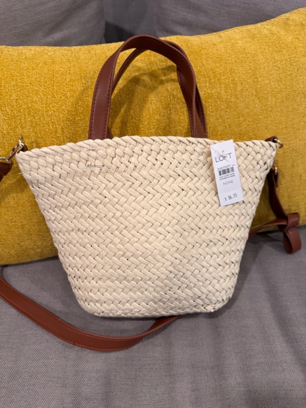 LOFT Cream Woven Crossbody Tote with Brown Leather Straps - Picture 4 of 4